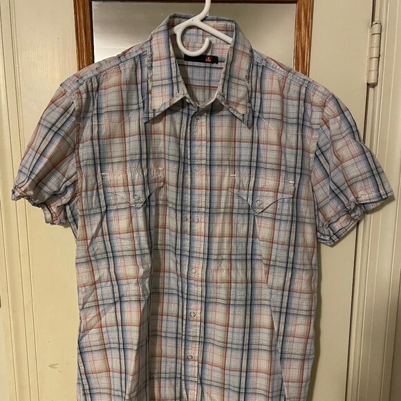 4you Men's Large Short-Sleeve Button Down Shirt - Red, White & Blue Plaid - Picture 1 of 4